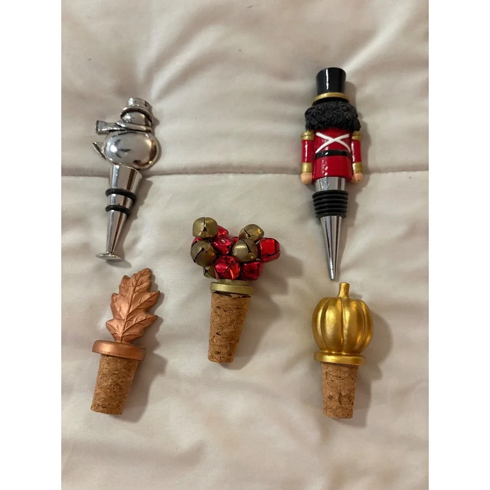 Holiday Wine Bottle Stopper Set 5pc Nutcracker Snowman Pumpkin Leaf‎ Jingle Bell